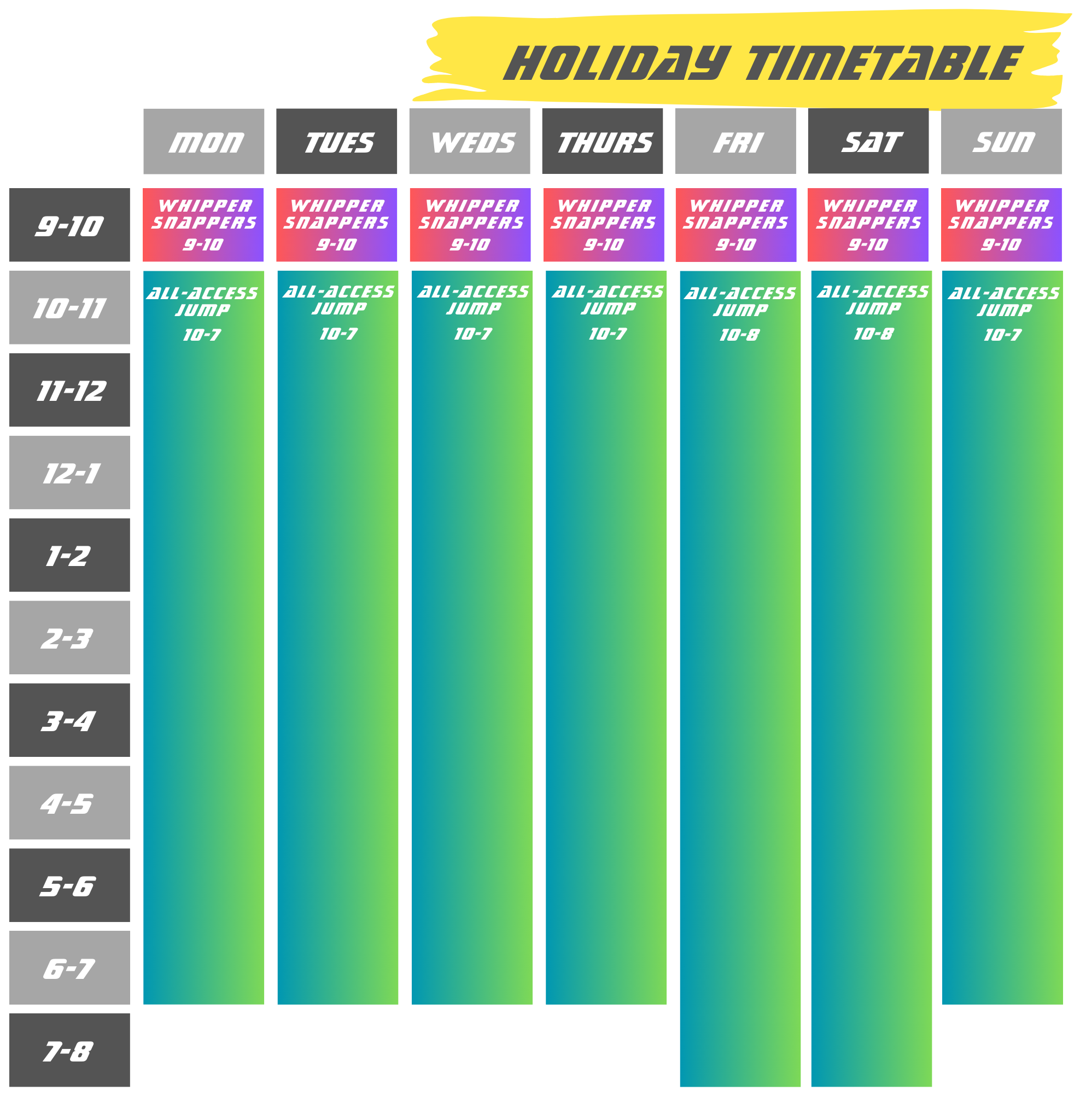 Orbital Trampoline Park Holiday Timetable 2024